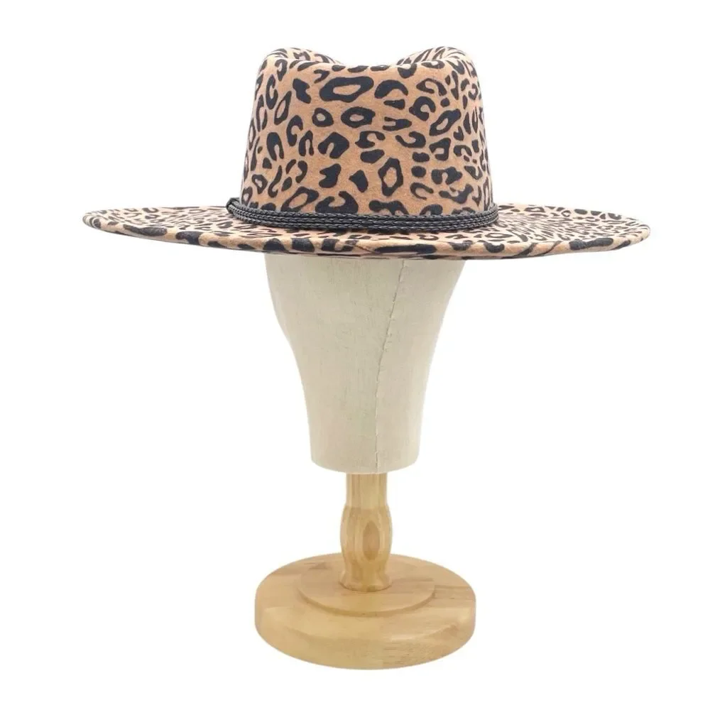 NWT Olive & Pique Leopard Print Wool Wide Brim Fedora Hat Tan Black Boho Fall